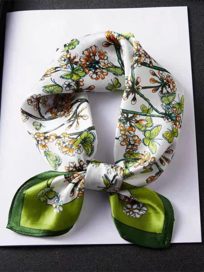 宫丽 【绿色花丛】纯100桑蚕丝素绉缎方巾时尚春夏季百搭真丝围巾