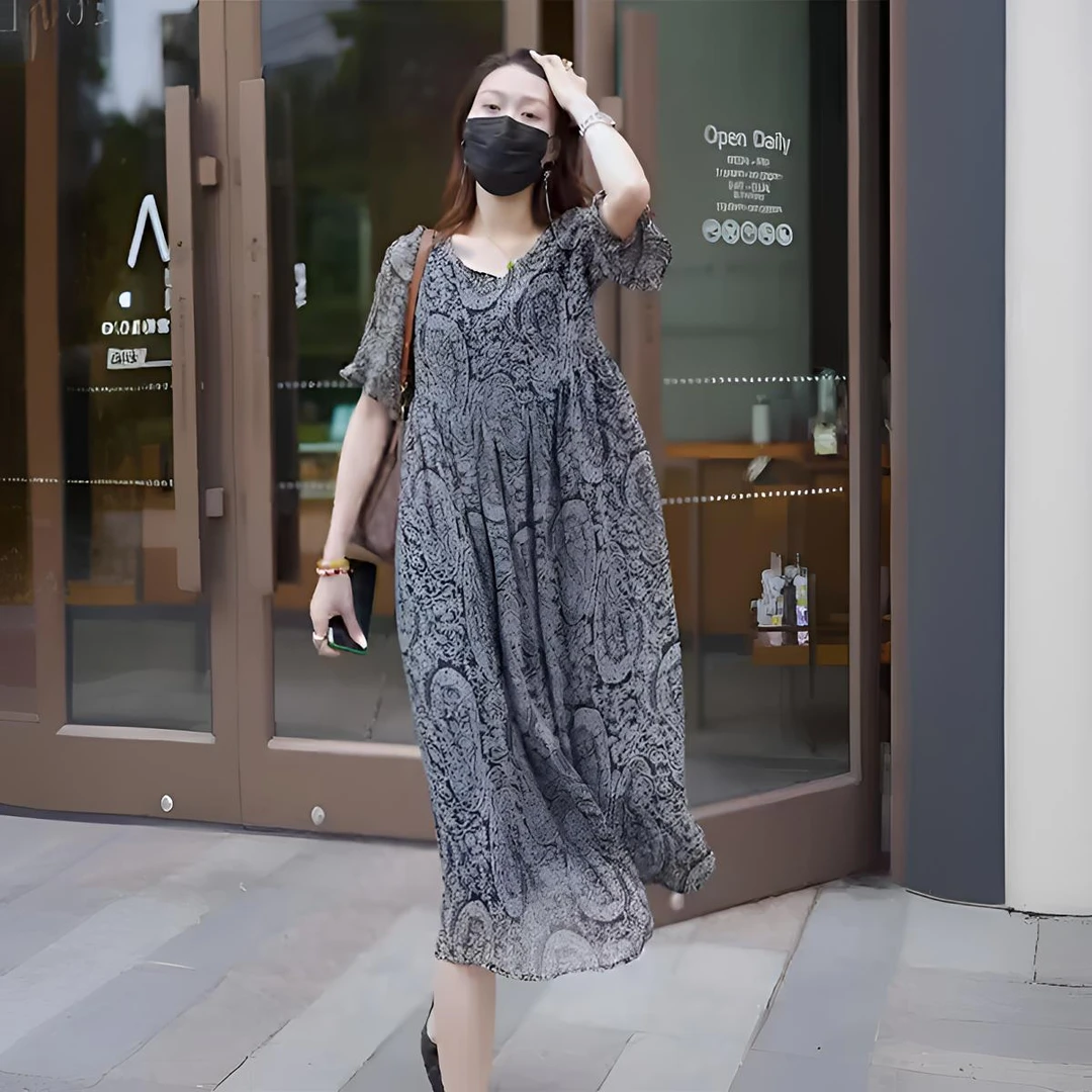 复古花色夏季A字裙短袖见详情连衣裙女装时尚碎花法式黑色裙子