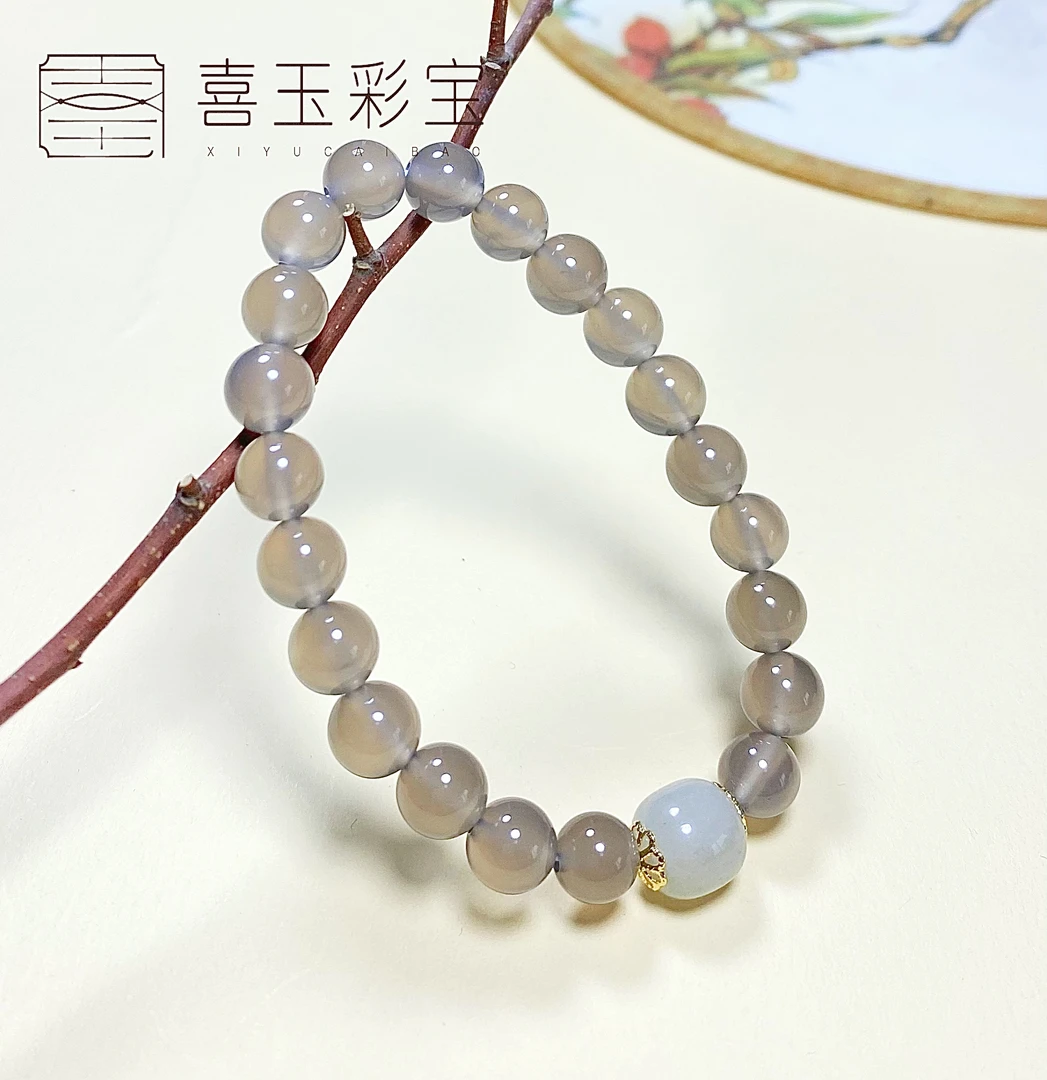 天然紫玛瑙冰灰紫单圈圆珠卡8顶珠素圈  1750