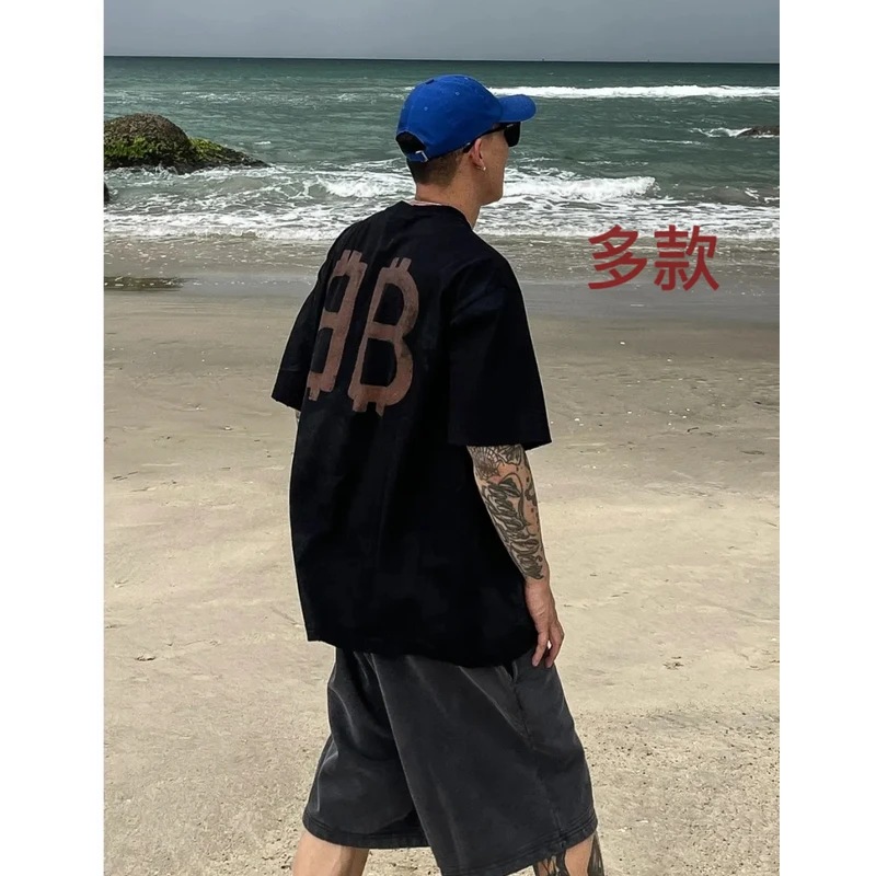 (2)多款式300克重磅高货纯棉短袖T恤夏季休闲潮牌欧货男女同款短T