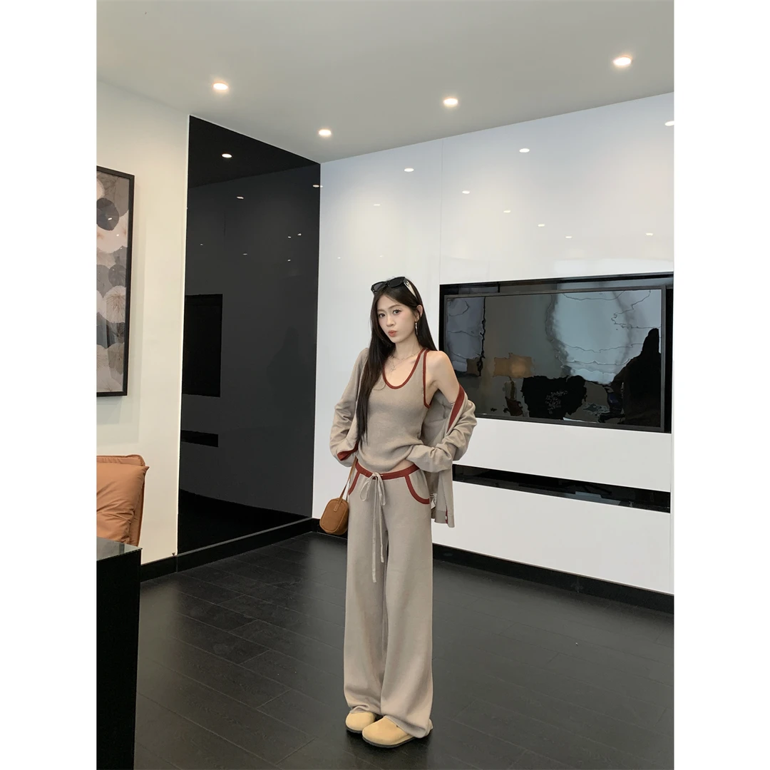 慵懒风套装撞色毛衣开衫外套针织背心女秋季阔腿裤长裤休闲三件套