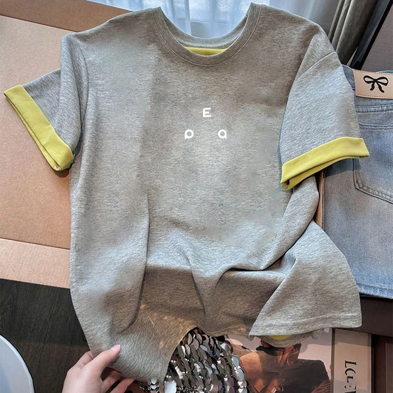 国潮复古灰色运动短袖t恤女夏2025撞色拼接假两件宽松半袖上衣潮