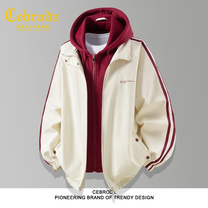 法国Cebrodz假两件连帽夹克外套男秋冬季复古条纹宽松百搭棒球服