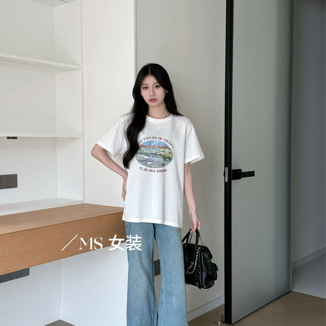 2025春夏韩版复古山水风裂痕印花宽松显瘦休闲文艺短袖T恤