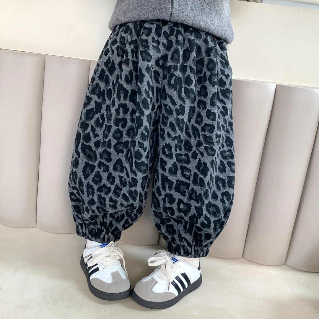 女童裤子秋季2025新款儿童豹纹灯笼裤宝宝加绒裤宽松休闲长裤冬装