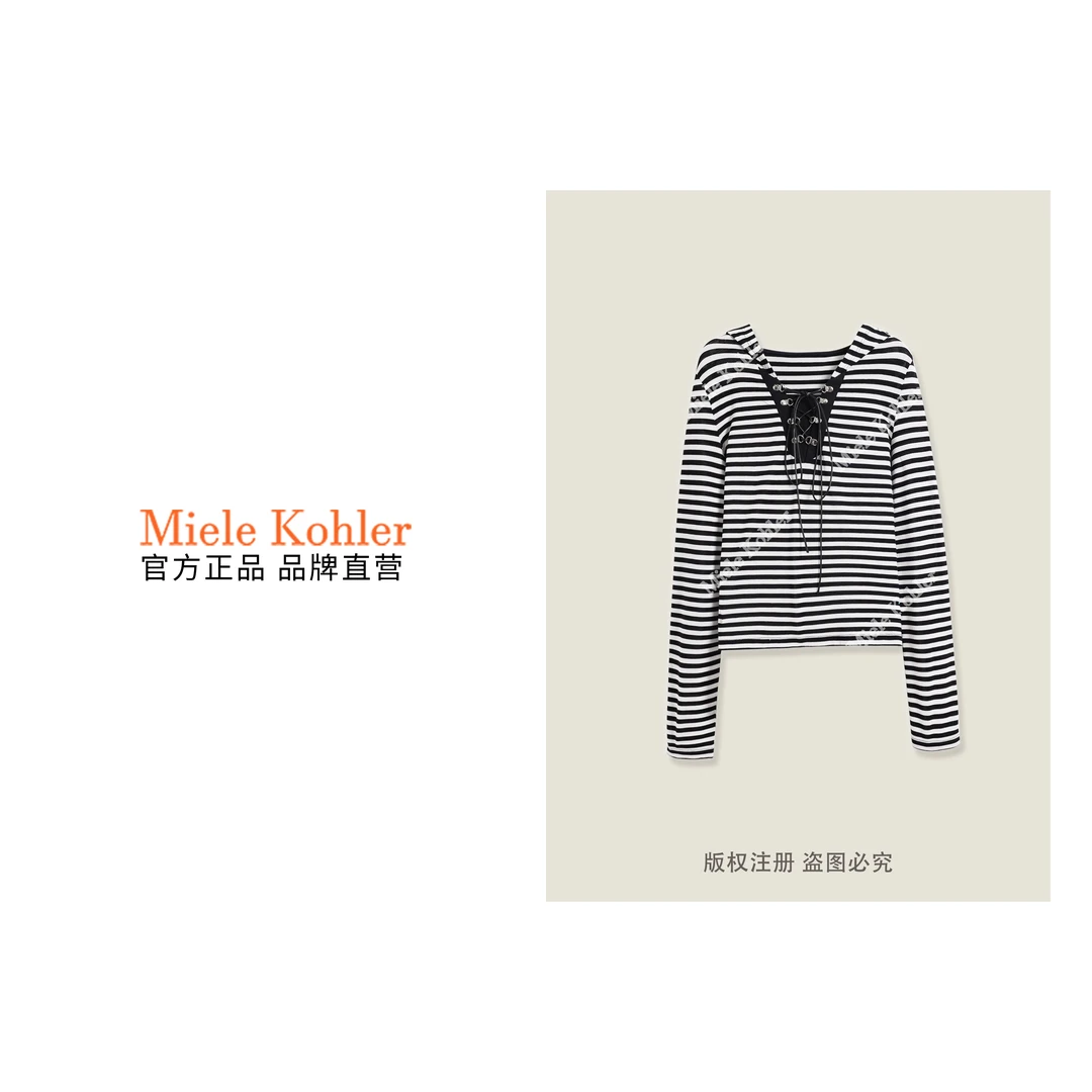 夏季新款莱赛尔条纹连帽设计长袖T恤女款MKKQ89653【澳门小源同款】