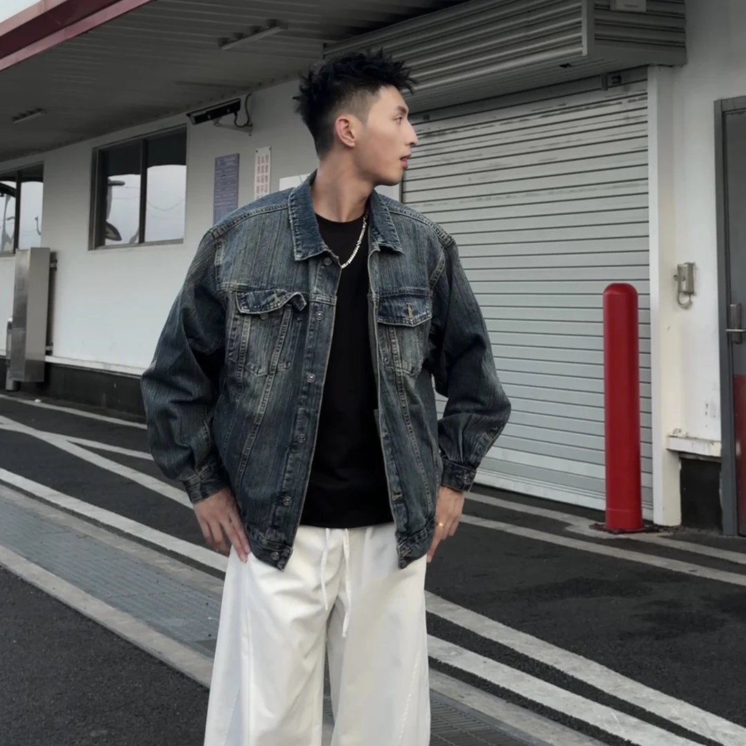 Aye秋季重磅宽松男复古美式复古扎染短款夹克短水洗牛仔外套