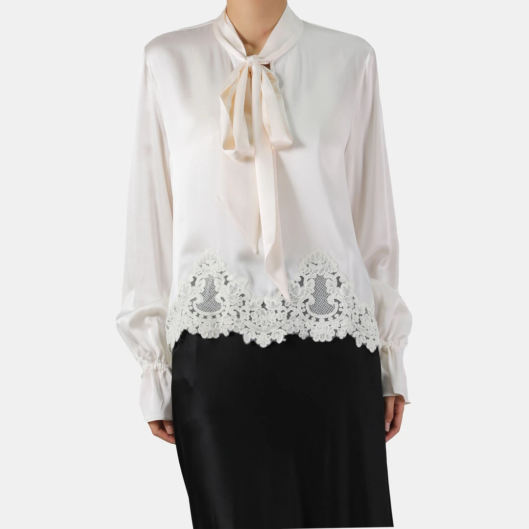 秋木桑蚕丝重磅珠光缎面绉衬衫大P客供飘带领蕾丝边喇叭CS8500