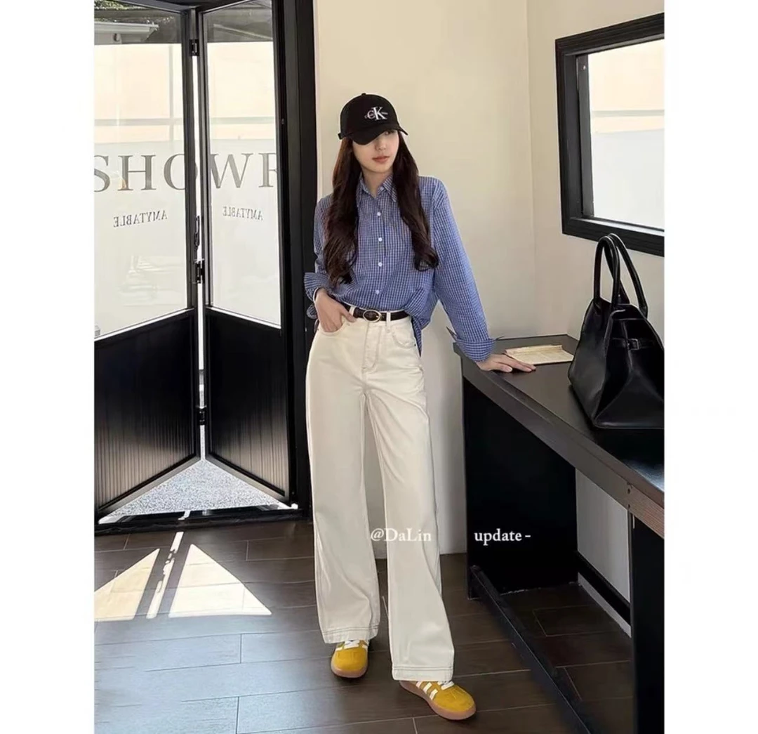 [运费险+现货]早秋新款米杏色牛仔裤女高腰显瘦窄版直筒裤