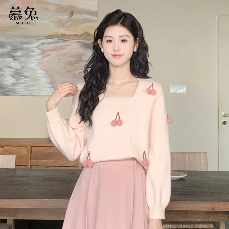 【现货】甜美立体樱桃套头毛衣女25秋季新款法式方领长袖针织衫上衣