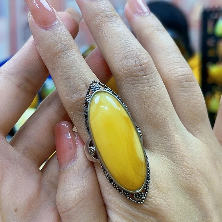 琥珀银S925镶嵌颈饰戒指