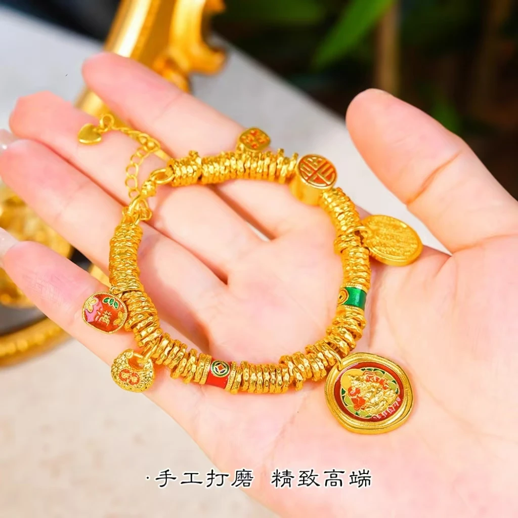 铜合金手链 招财吉言盘缠财神手链编织过年首饰珐琅缠手链富婆款