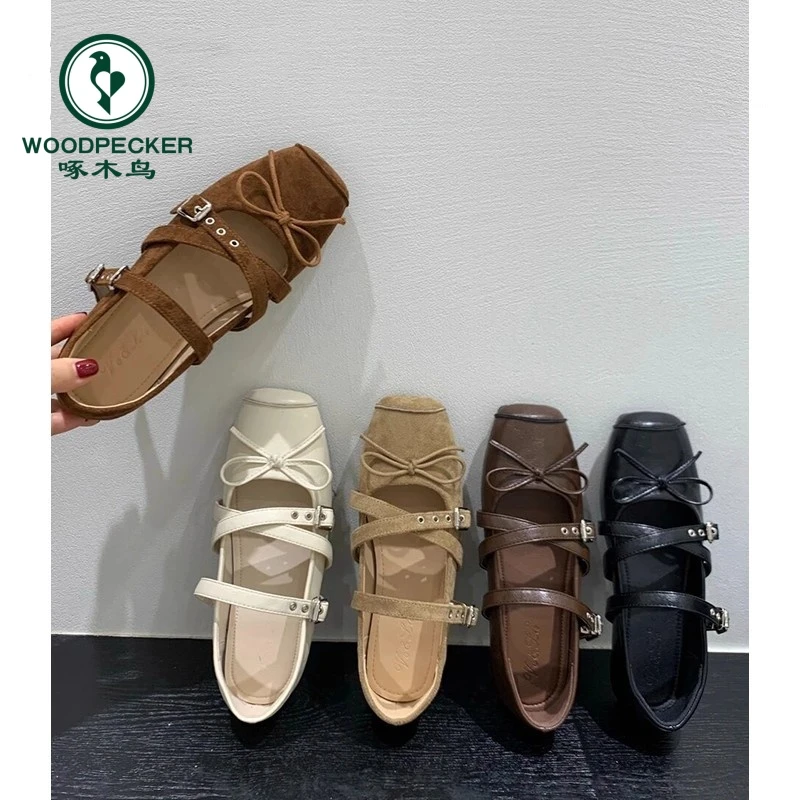 啄木鸟复古方头玛丽珍鞋女2025秋季新款蝴蝶结单鞋浅口芭蕾平底鞋