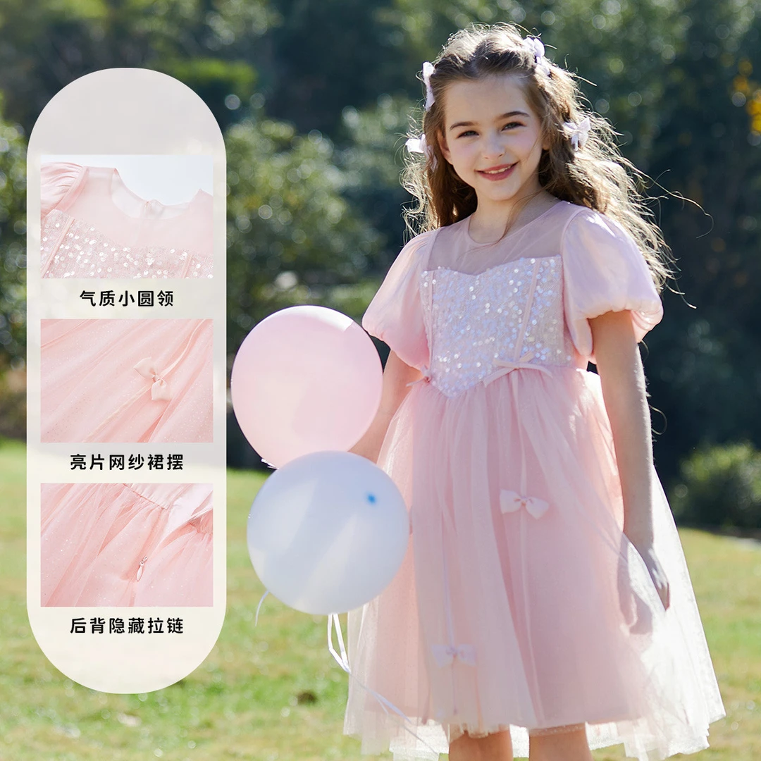 ①富罗迷亮片蝴蝶结连衣裙夏季女童洋气泡泡袖网纱公主裙F4B9726L