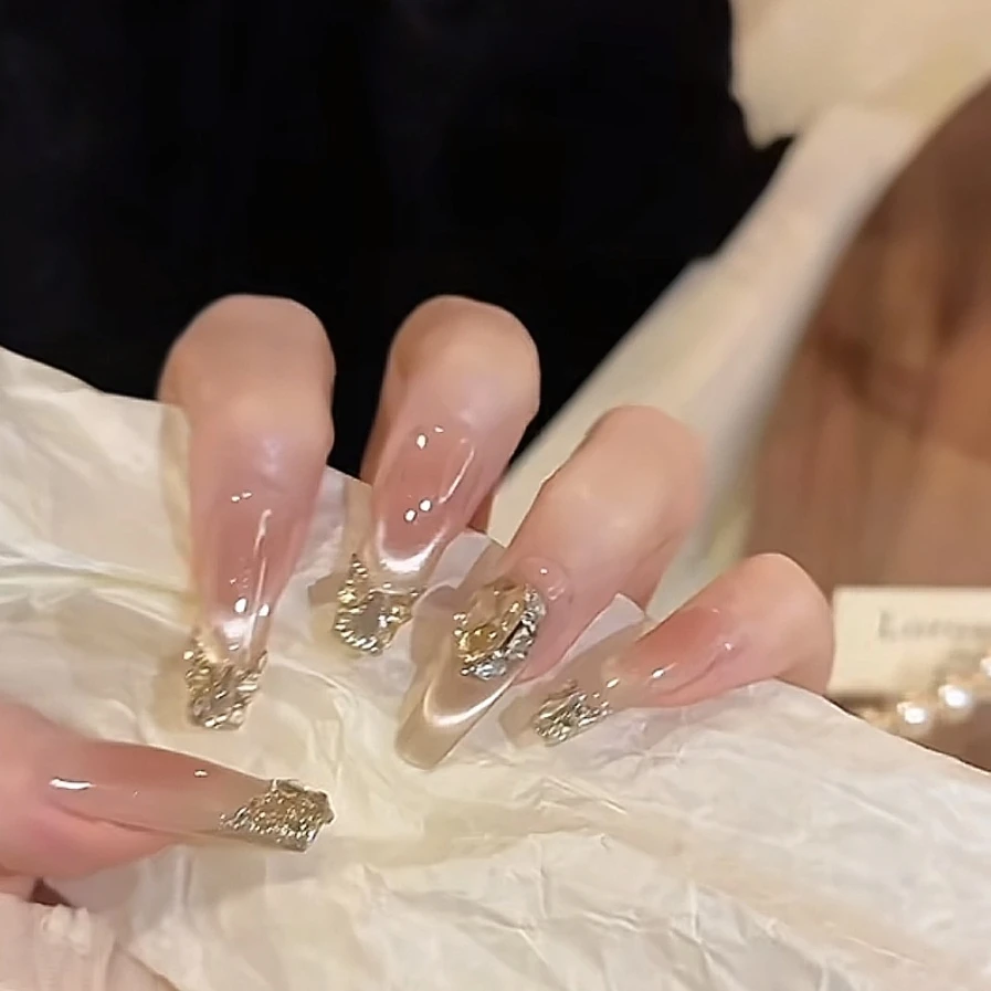 千金 手工穿戴甲夏日微笑猫眼重工镶满钻光疗美甲可拆卸穿戴甲