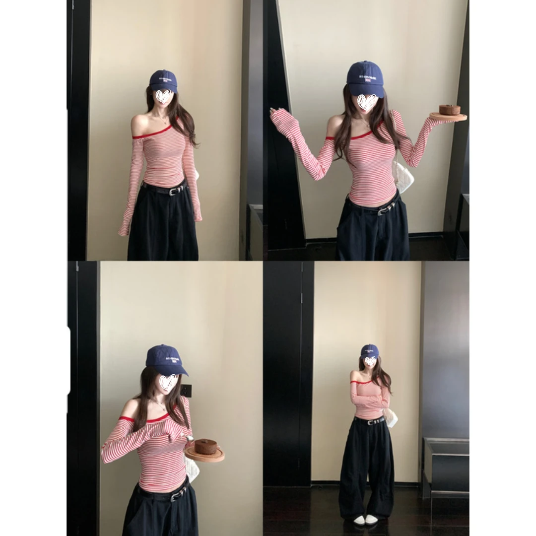 淡颜女友 面膜级清凉透气条纹斜肩长袖T恤打底衫女Y3135