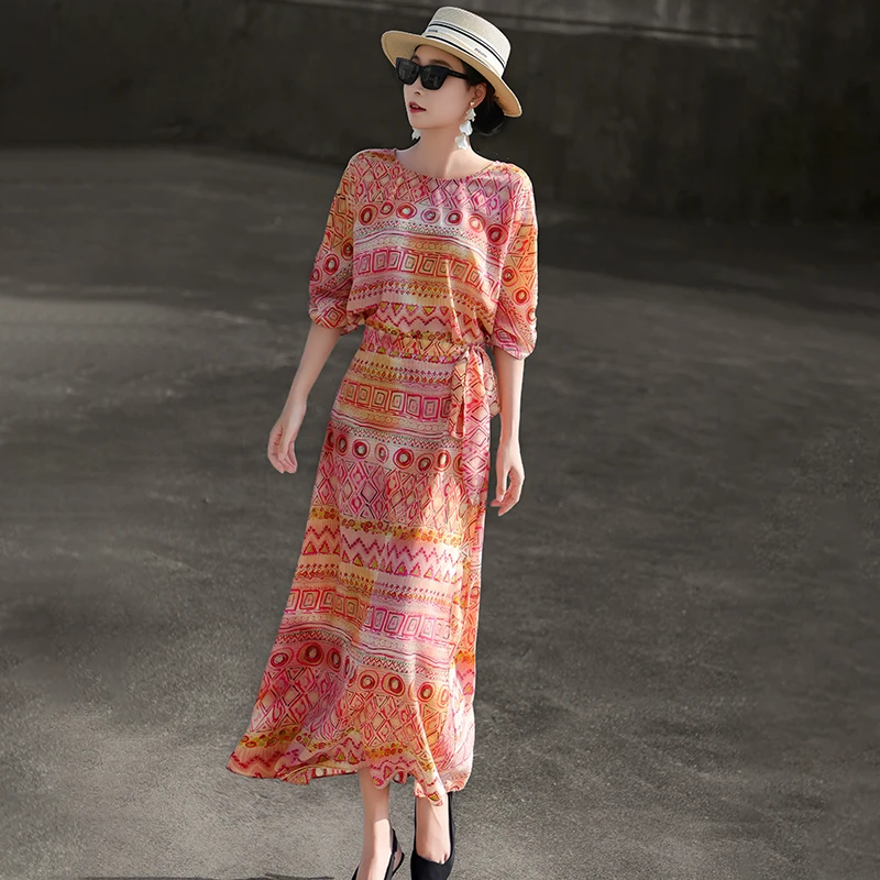 MEXCOCO/兰瑟儿夏新款时尚圆领短袖收腰显瘦印花连衣裙105XL2668