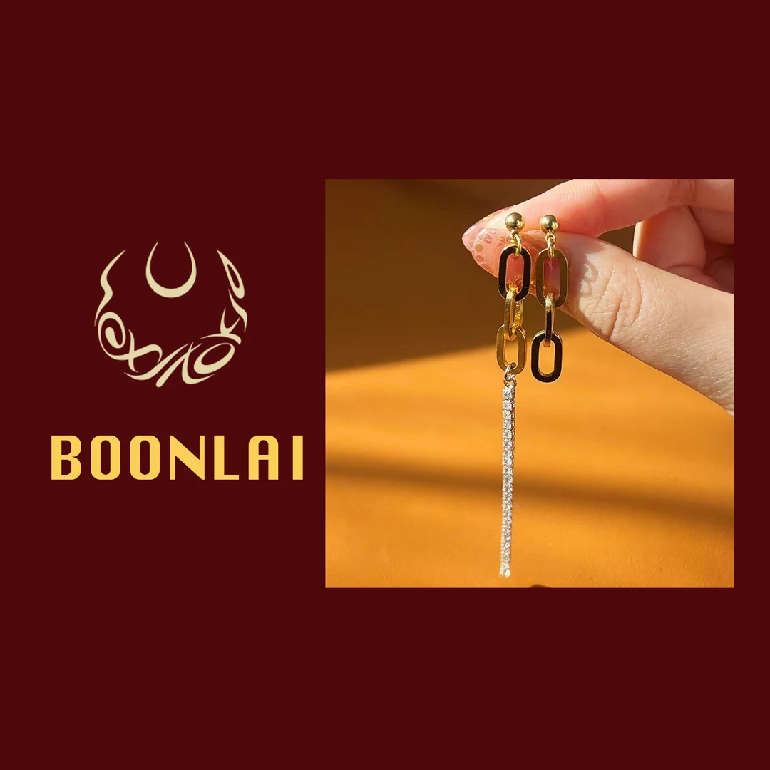 铜合金莫桑石耳饰 Boonlai 金色不对称镶钻链条B耳环1369