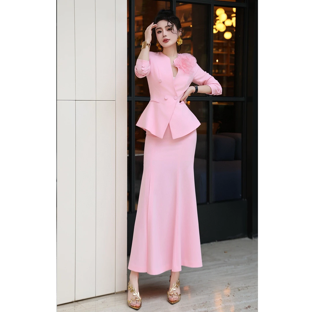 2025春季浪漫肩订花朵西装包臀鱼尾裙洋气两件套优雅名媛长裙套装