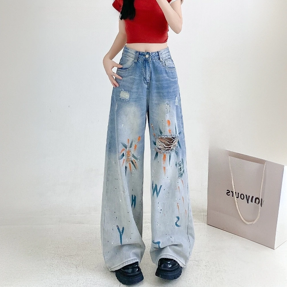 实拍重工艺涂鸦破洞牛仔阔腿裤女2025春夏高腰百搭炸街拖地裤潮裤
