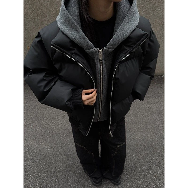 PU假两件连帽宽松棉衣男款保暖短款冬季高级感男装棉服加厚外套