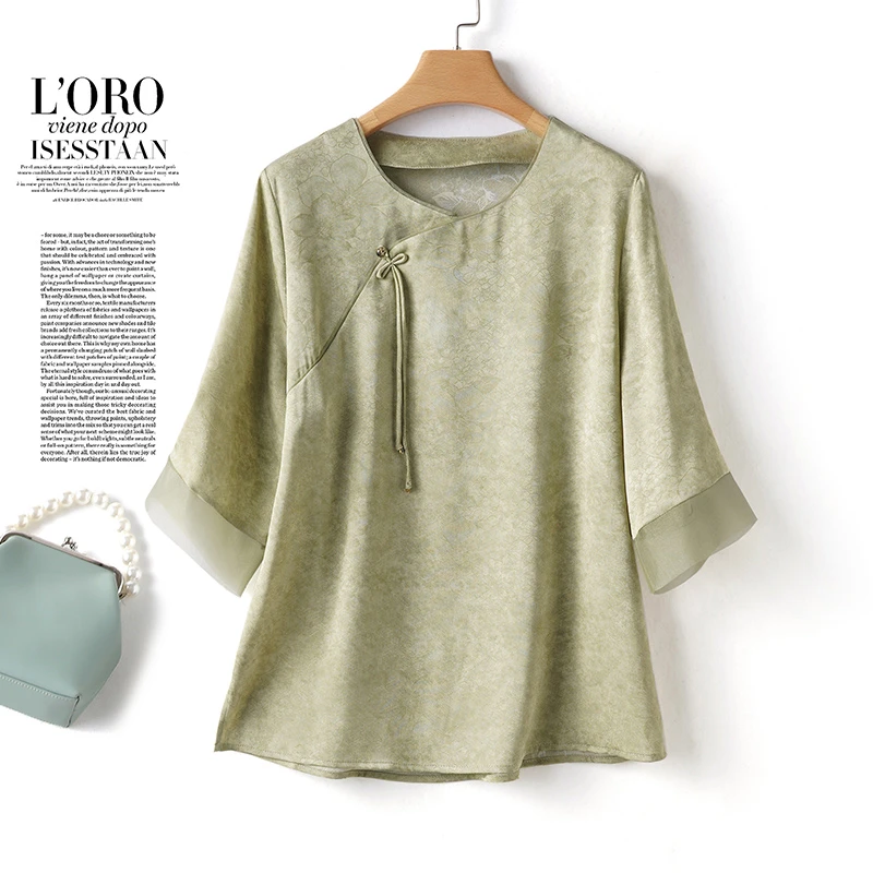 2025夏季新中式圆领显瘦衬衫桑蚕丝中国风宽松衬衫文艺百搭七分袖