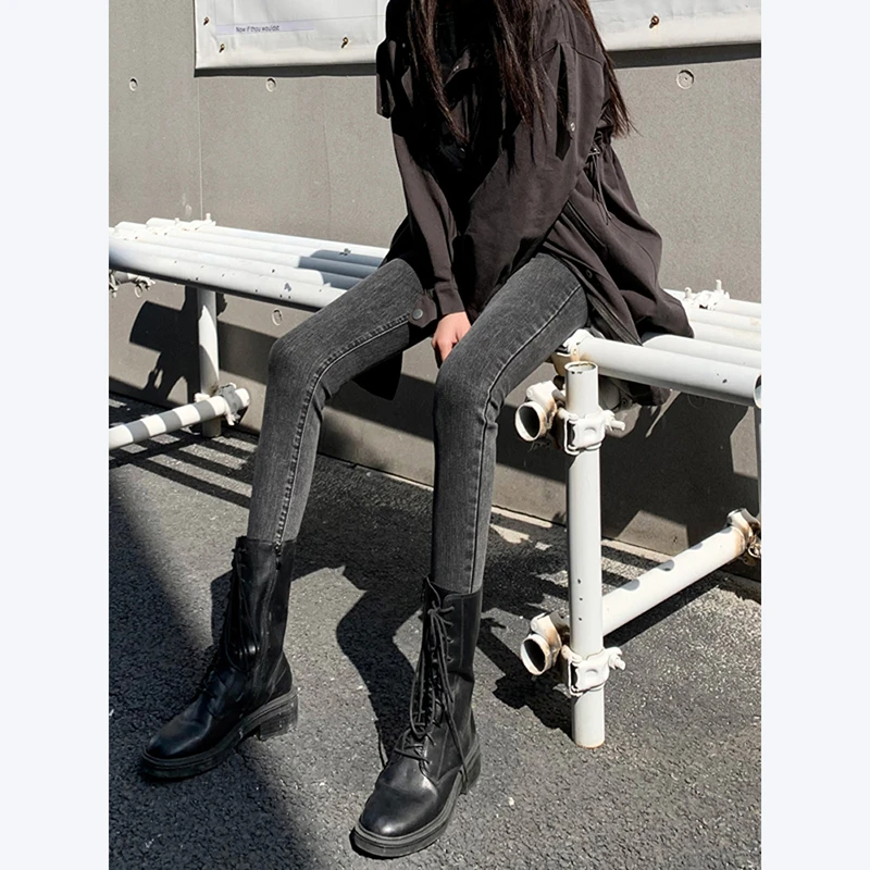 灰黑紧身牛仔裤女2025新款秋冬小个子高腰修身显瘦加绒小脚铅笔裤