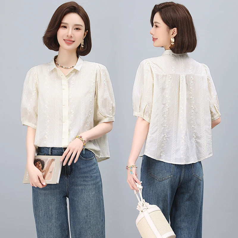 全棉衬衫女短袖夏季2025新款独特独特超好看单穿小衫妈妈刺绣上衣