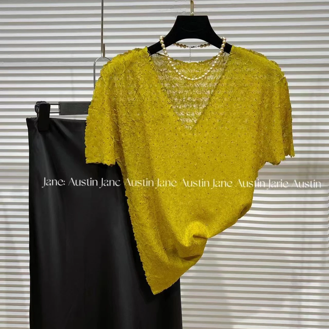 Jane Austin •（云野）2024夏季新款重工压褶烫钻时尚气质T恤女