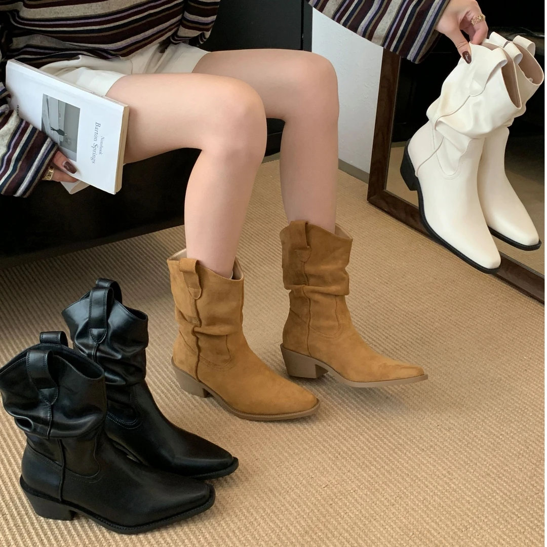 MT-A0668-1美拉德风褶皱堆堆厚底尖头中筒靴简约辣妹潮流搭中筒靴