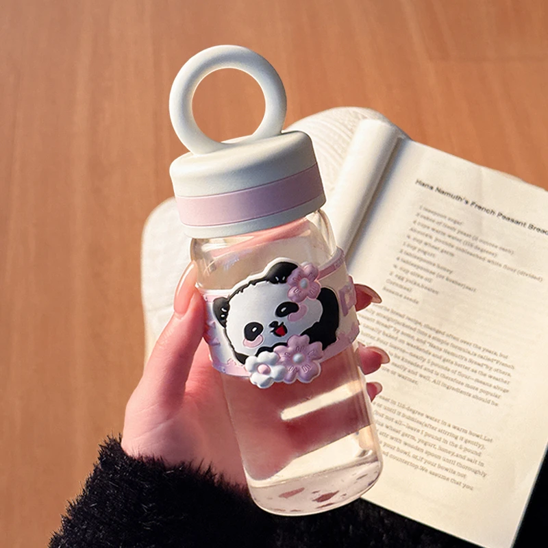 透明玻璃杯熊猫水杯女2025新款高颜值便携耐高温杯子学生上学专用