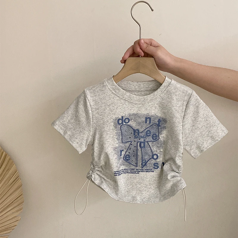 女童小众夏季2025新款大童韩版印花结短袖蕾丝阔腿裤休闲洋气