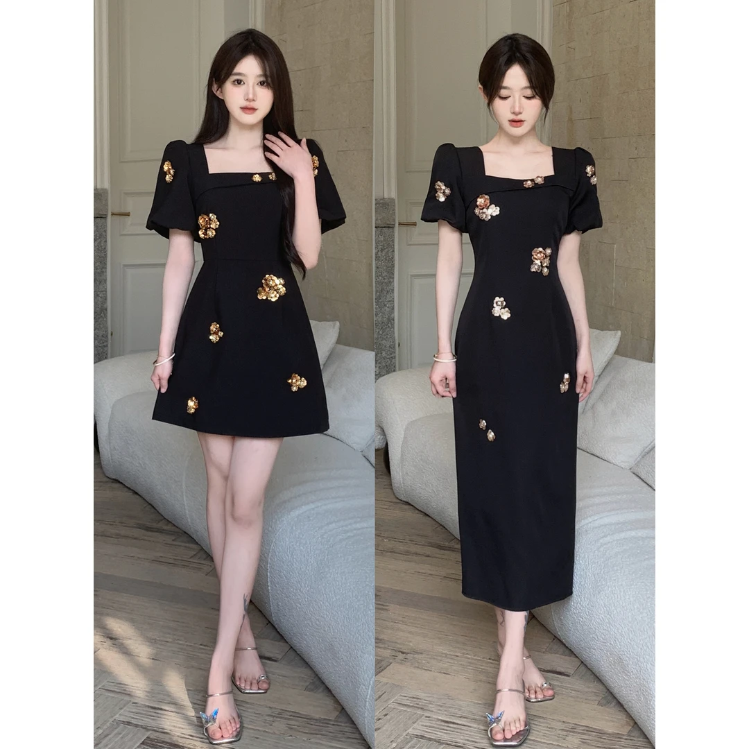 艾薇 大码女装2025夏季新款法式甜美重工设计钉珠显瘦收腰连衣裙