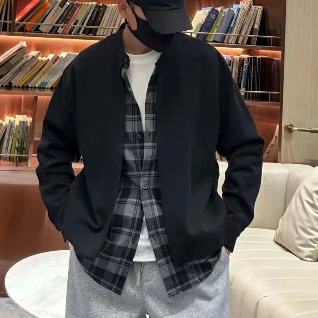 春秋新款假两件高级轻奢拼色格子休闲高级感百搭长袖宽松男士外套