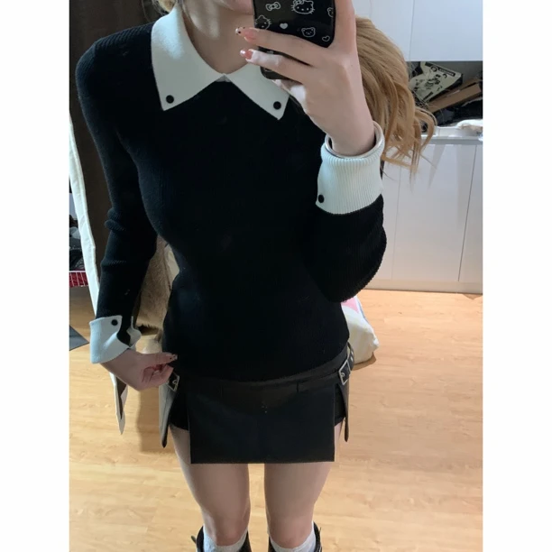 【323】6羊毛 百搭韩系学院风撞色翻领修身针织衫