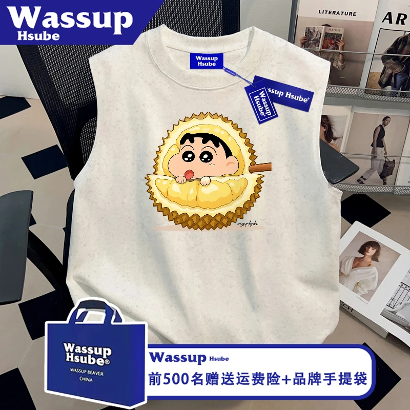 WASSUP HSUBE时尚纯棉T恤夏ins榴莲小新印花无袖上衣男女扎染背心