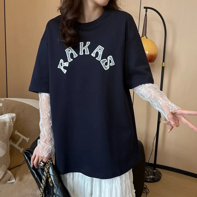 2025春夏新款宽松型大码蕾丝圆领中长款女长袖T恤百搭上衣显瘦潮