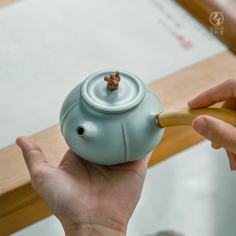 万仟堂天青汝窑侧把壶茶壶单壶泡茶家用一人小壶高档功夫茶壶风骨