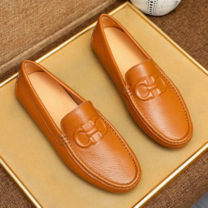 时尚新款男士豆豆鞋2025新款真皮压花潮流乐福鞋春夏透气休闲皮鞋