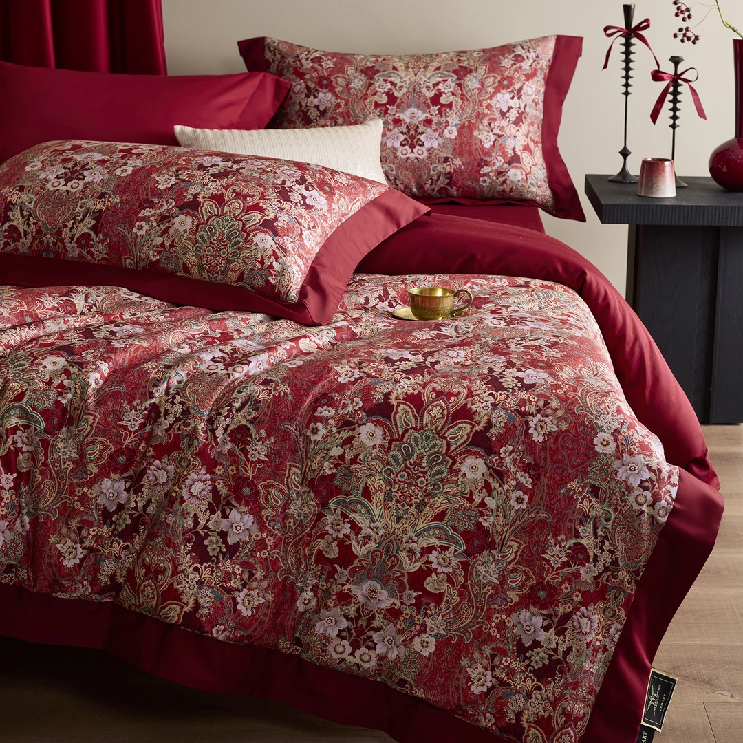 【全棉贡缎印花四件套】婚庆大红高级感现代风轻奢床单款床品套件