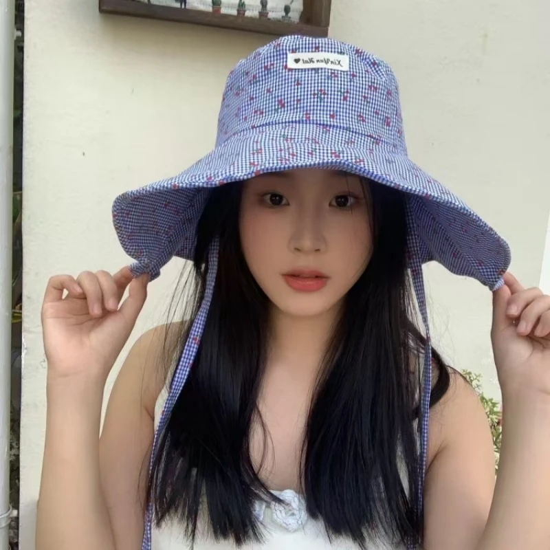 小樱桃印花甜美大檐渔夫帽春夏贴布系带户外出游防晒遮阳太阳帽子