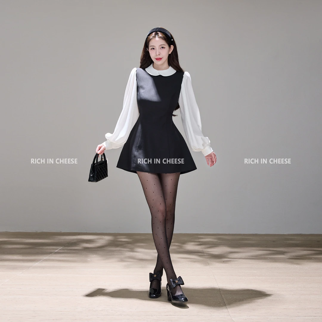 舒胡蕾 高校千金 秋冬设计感撞色高级感拼接交叠领收腰连衣裙