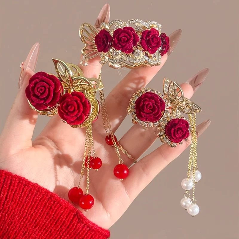 新年红色水钻植绒玫瑰花朵流苏抓夹女后脑勺半扎发夹子高马尾头饰