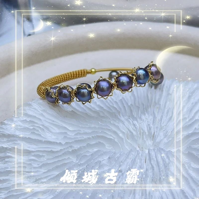 天然珍珠8-9mm莫兰迪螺纹绕丝花花手镯气质轻奢时尚百搭简约精致