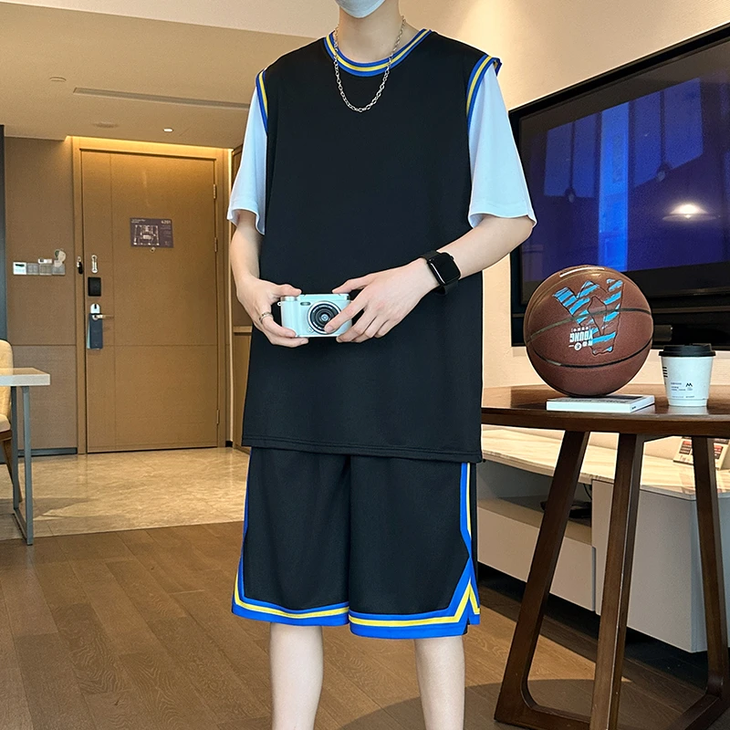 休闲运动套装男夏季冰丝短袖短裤一套搭配帅气青少年篮球服两件套