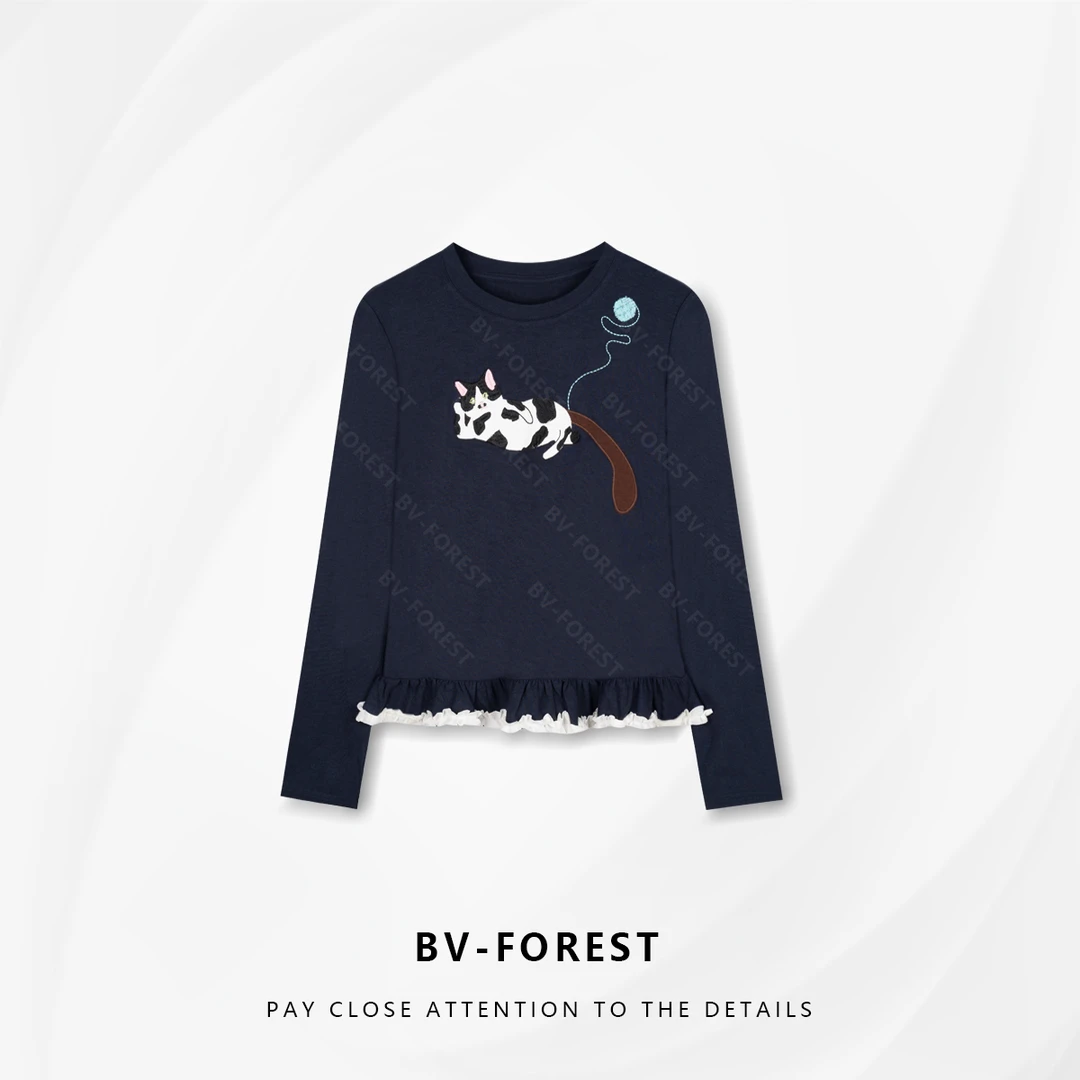 BV-FOREST“慵懒小猫”秋季刺绣款百搭减龄显瘦潮流T恤BV-T0540