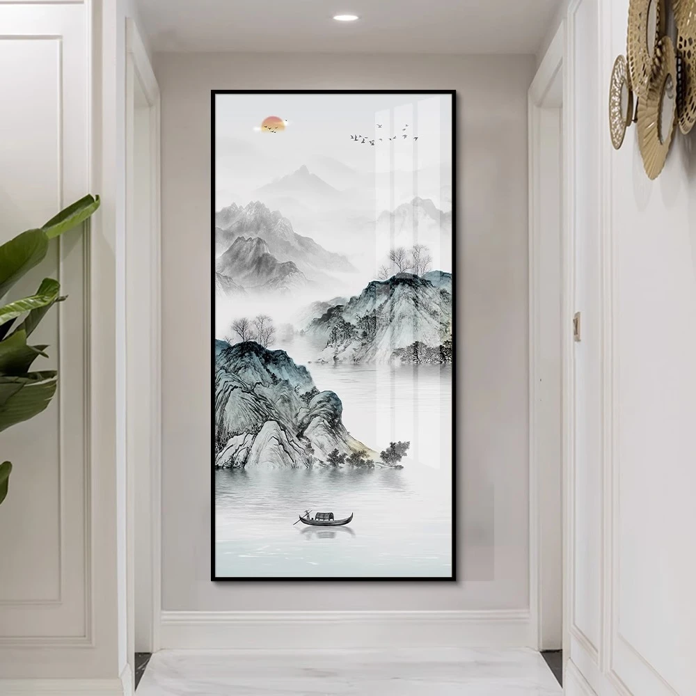 新中式山水风景入户玄关装饰画现代高档壁画客厅走廊过道竖版挂画