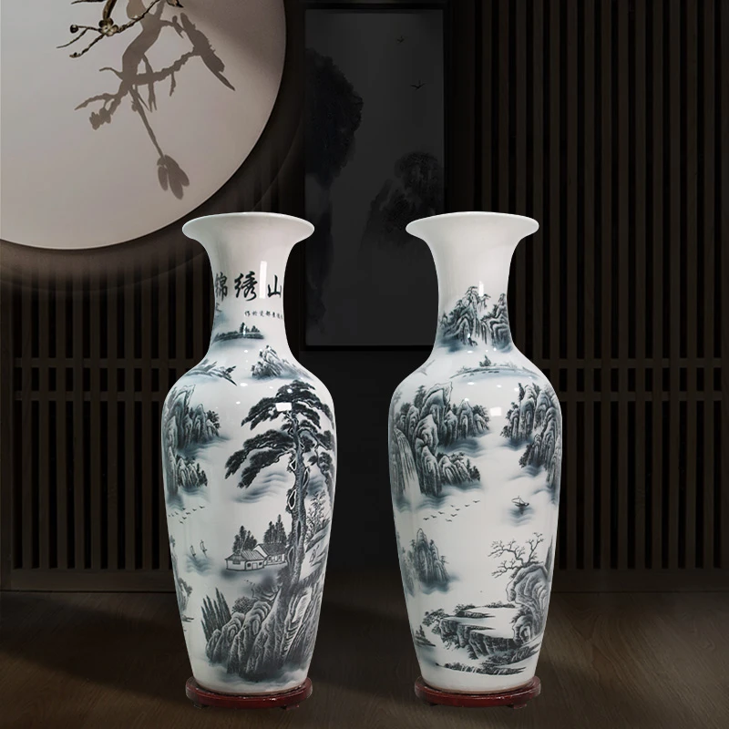 景德镇陶瓷中式落地大花瓶锦绣山河青花瓷客厅酒店开业装饰摆件