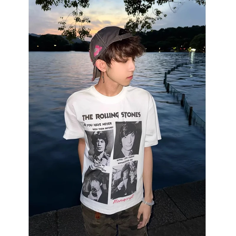 美式复古摇滚乐队短袖男款夏季重磅内搭t恤潮牌欧美嘻哈纯棉半袖