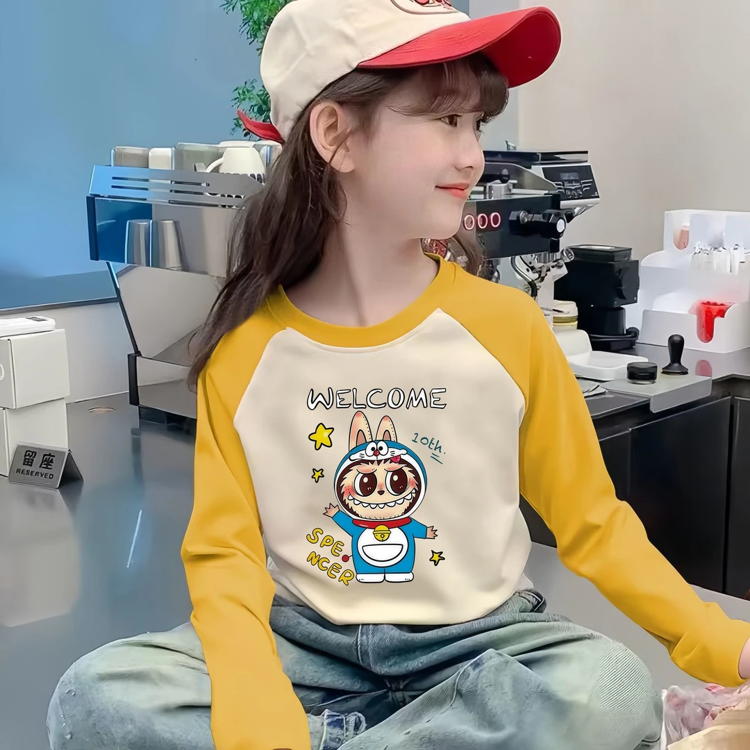 女童秋冬德绒长袖T恤拉布布时髦洋气儿童撞色圆领保暖百搭打底衫t